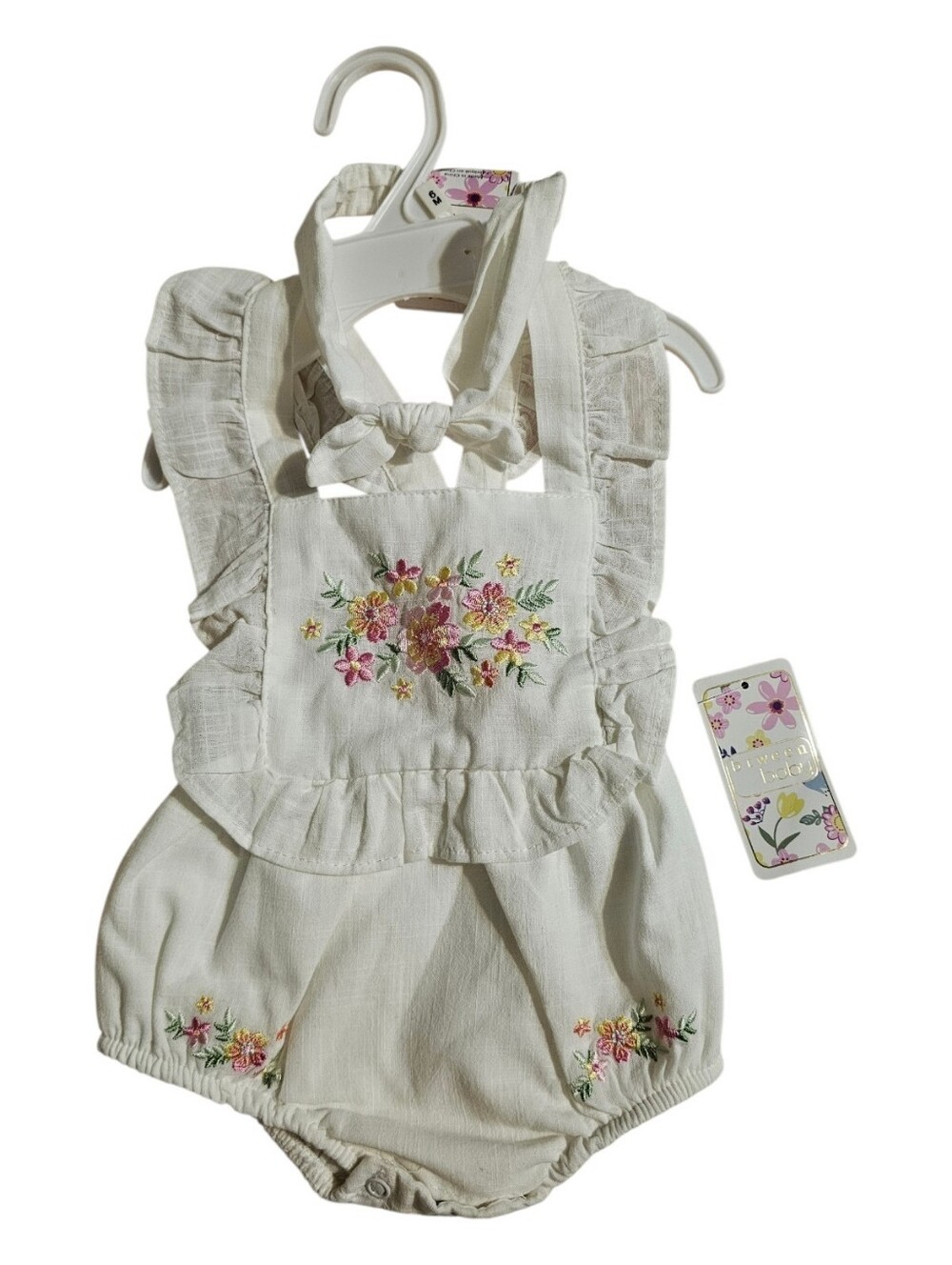 Embroidered Cream Floral Baby Rompet with Ruffle Straps